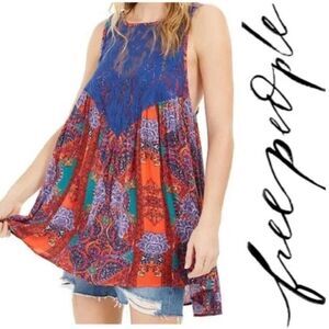 Free People Hot Red Combo Count Me In Trapeze Top Size XS